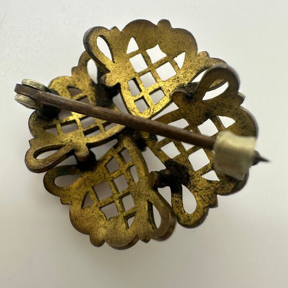 Antique Victorian 1800s gold filled 4 leaf clover genuine fire opal brooch pin - Picture 6 of 8